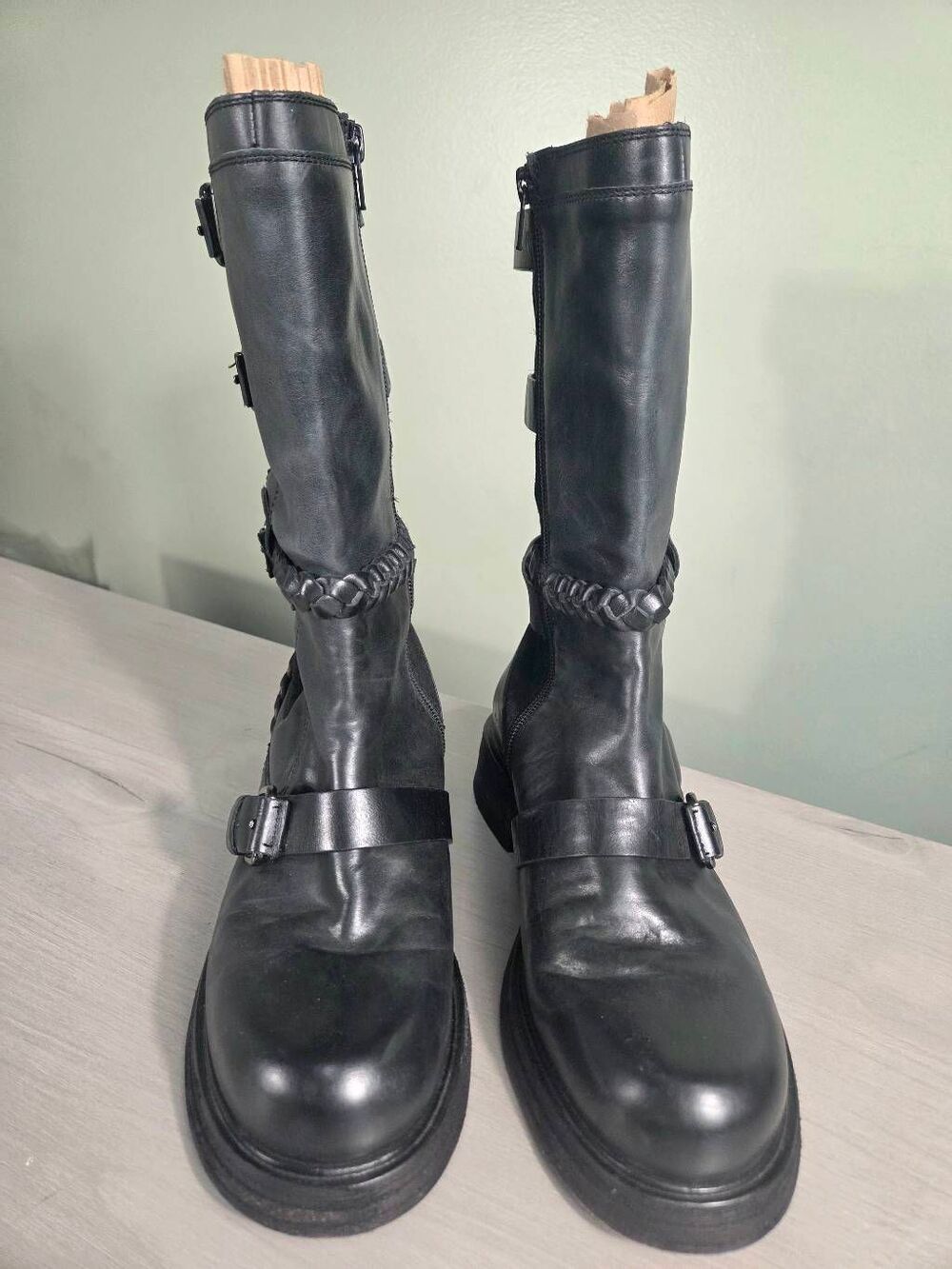 Free People Billie Buckle Leather Suede Mid-Calf Moto Boots Black Sz. 9 - Picture 7 of 13
